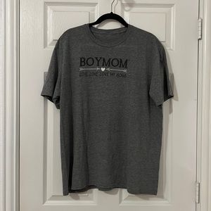 Women’s BoyMom t-shirt. Gray and Black. “BoyMom - Love, Love, Love My Sons.